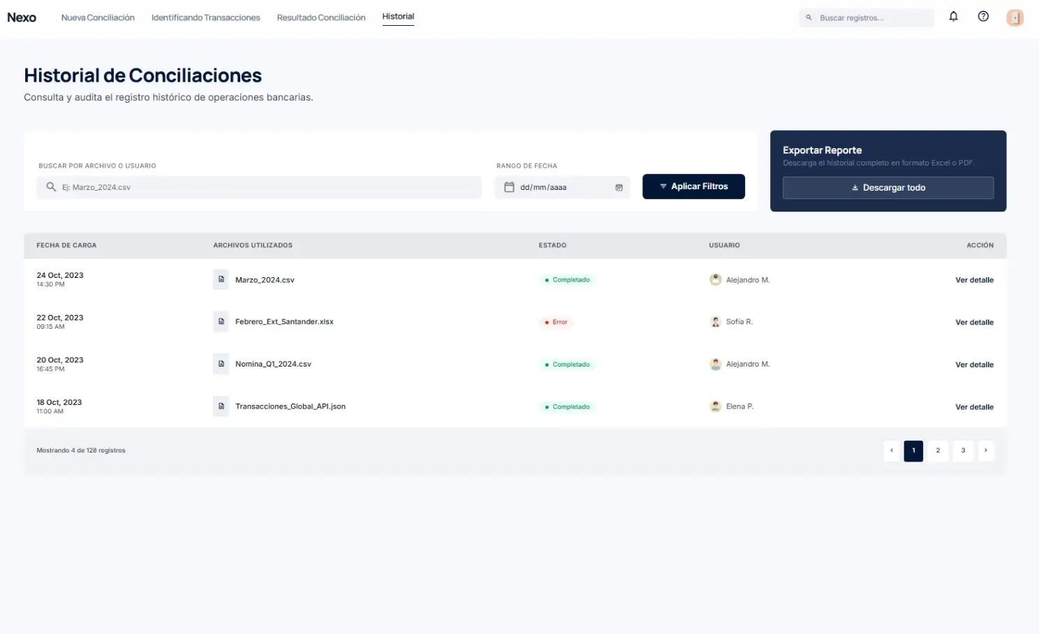 Pantalla del historial de conciliaciones en Nexo