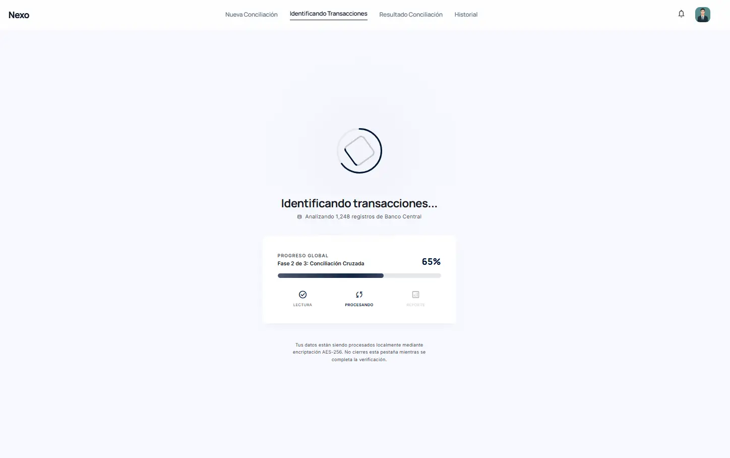 Pantalla de identificación de transacciones en Nexo