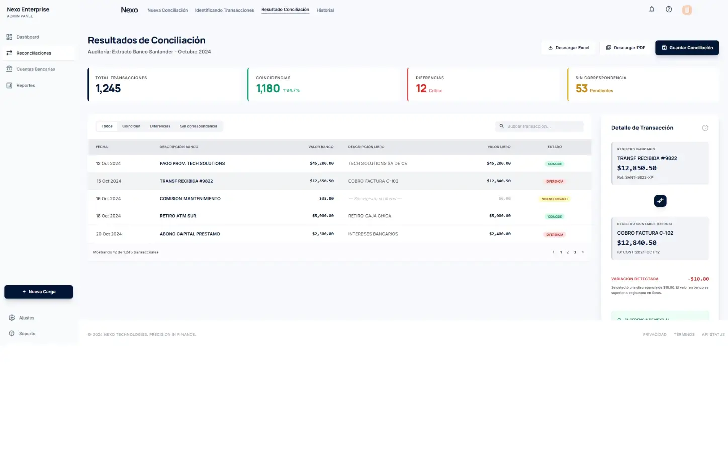 Pantalla del resultado de conciliación en Nexo